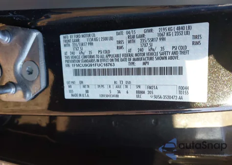 2015 Ford Escape Se z USA, uszkodzony, nr VIN 1FMCU9G91FUC18763
